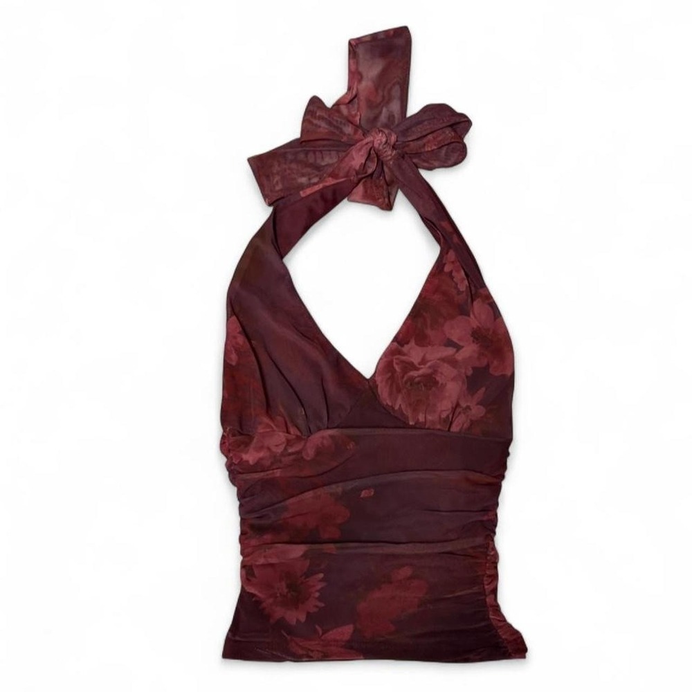 Full Tilt Burgundy Floral Mesh Halter Top Size XS Fairy Going Out